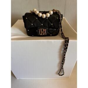 Badgley Mischka MiniFlap Black Quilted Purse Faux Pearl Handle Chain Strap Fancy